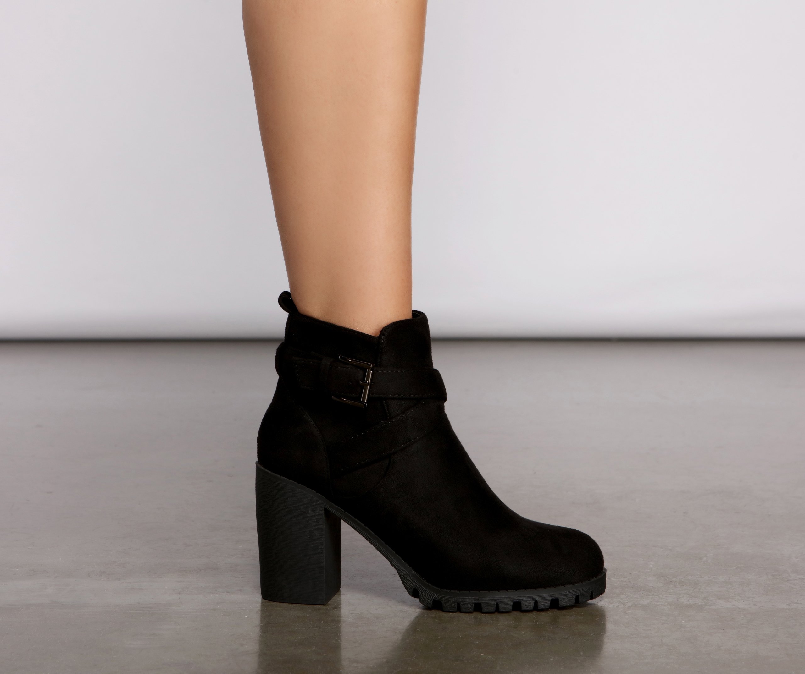 Buckle Up Lug Sole Block Heel Booties