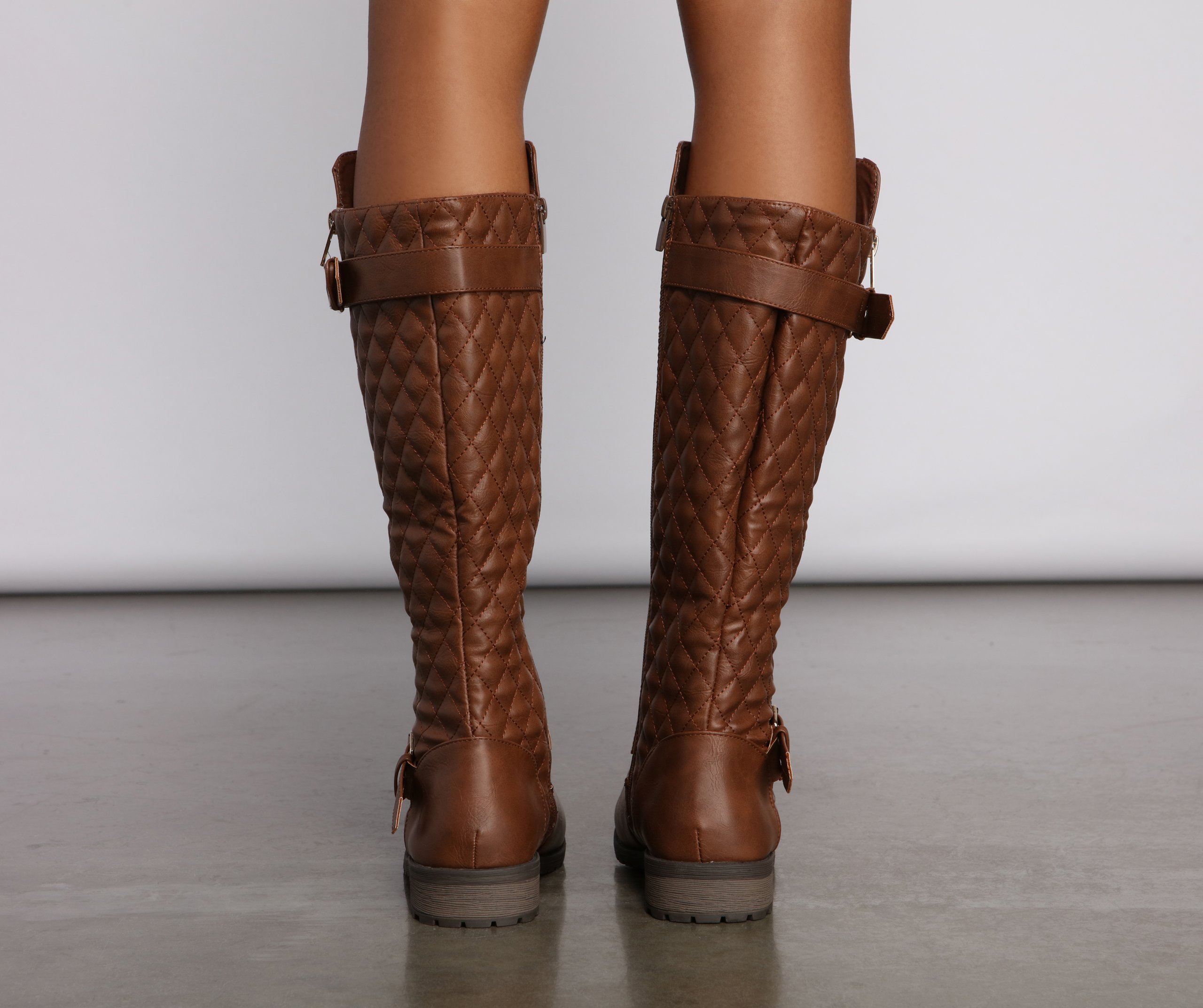 Quilted Faux Leather Buckle Detail Boots